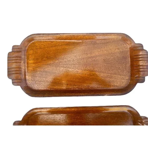 Set Of 4 Vintage Wooden Hospitality Trays With Carved Handles